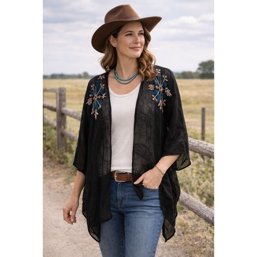 Mono b Womens Top S Oversized Black Floral Paisley Kimono Sheer Layer Boho Chic